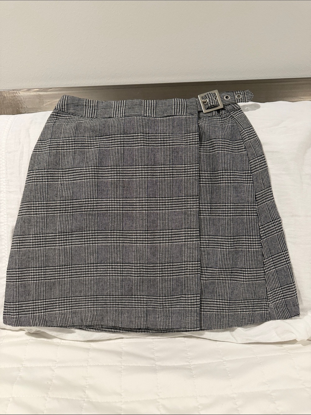 Plaid Wrap-Style Mini Skirt with Buckle - Black & White